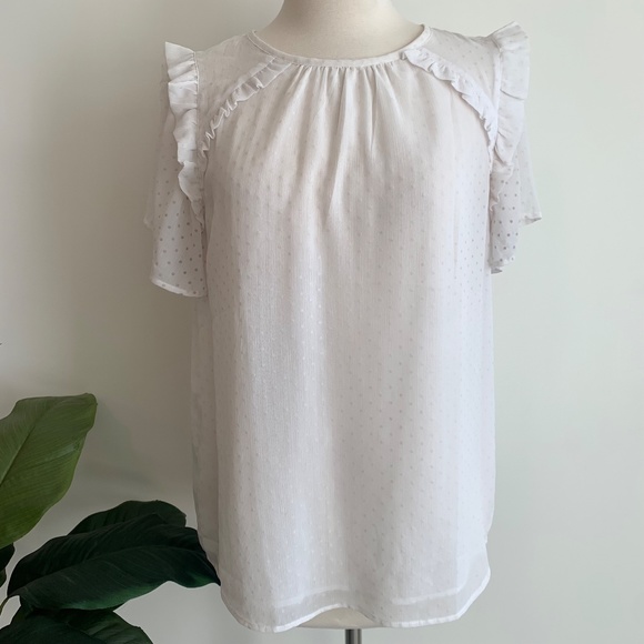 LOFT White Swiss Dot Ruffle Blouse Size Medium - Picture 3 of 8